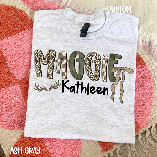 Custom Names Antlers Girls Camo Checkered Green Kids Completed Tee