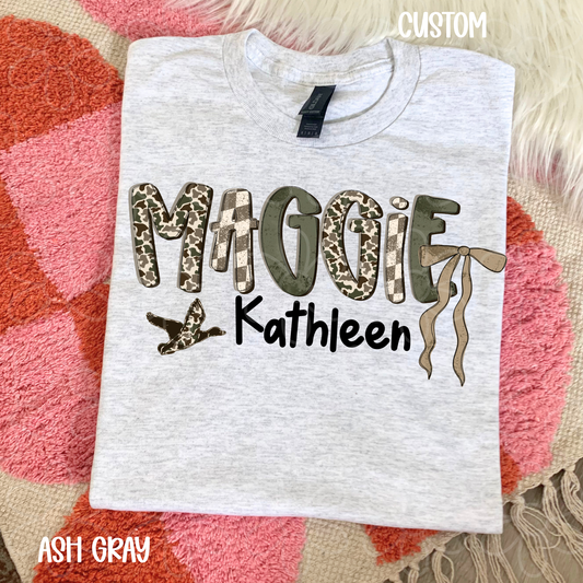 Custom Names Duck Girls Camo Checkered Green Completed Tee