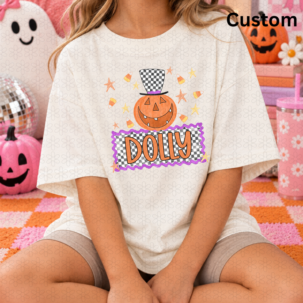 Custom Halloween Checkered Nameplate Completed Tee