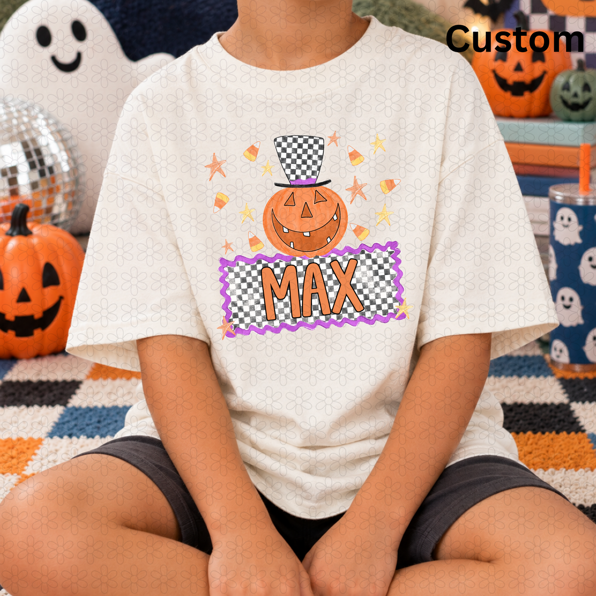 Custom Halloween Checkered Nameplate Completed Tee