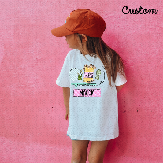 Custom Pink Fishing Nameplate Completed Tee