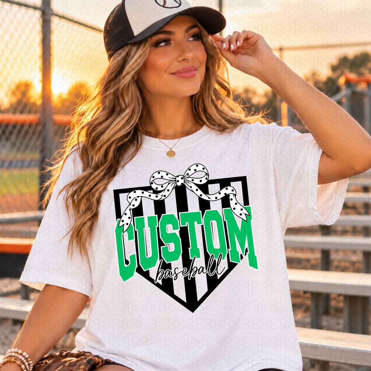 Custom Polka Dot Bow Stripes Baseball Softball Completed Tee