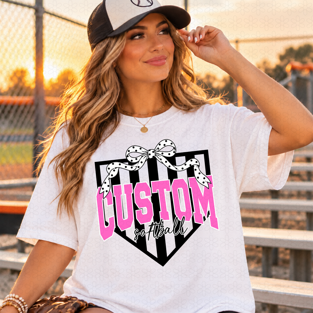 Custom Polka Dot Bow Stripes Baseball Softball Completed Tee