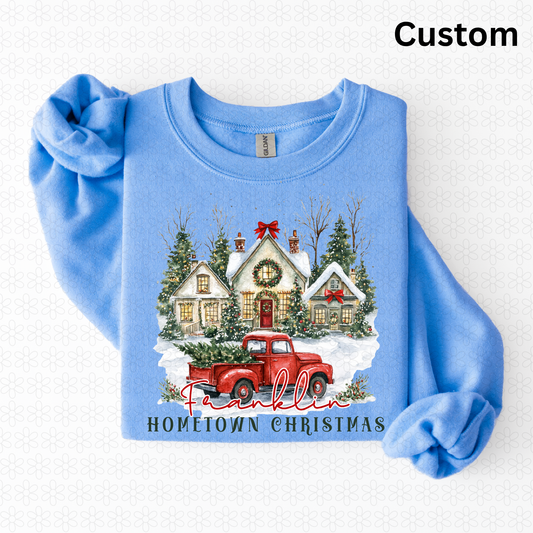 Custom hometown christmas vintage house red truck DTF Transfer