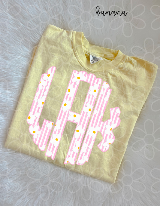 Daisy Pink Stripe Monogram Kids Completed Tee