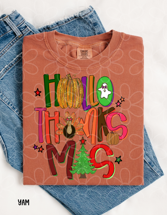 Dark Colorful Hallothanksmas Kids Completed Tee