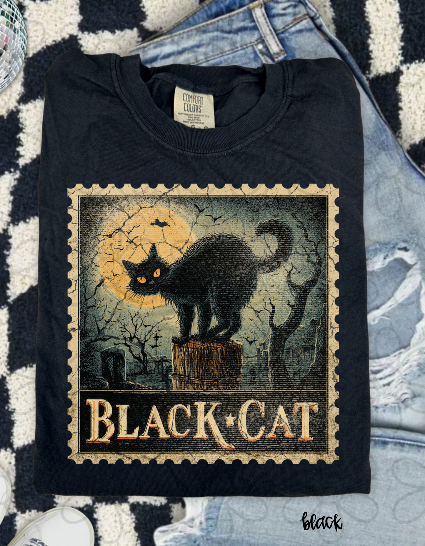 Distressed Black Cat Stamp DTF Transfer