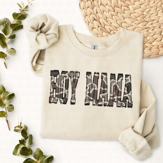 Distressed Dark Camo Boy Mama Completed Tee