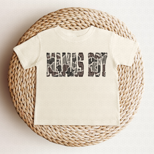 Distressed Dark Camo Mamas Boy Completed Tee