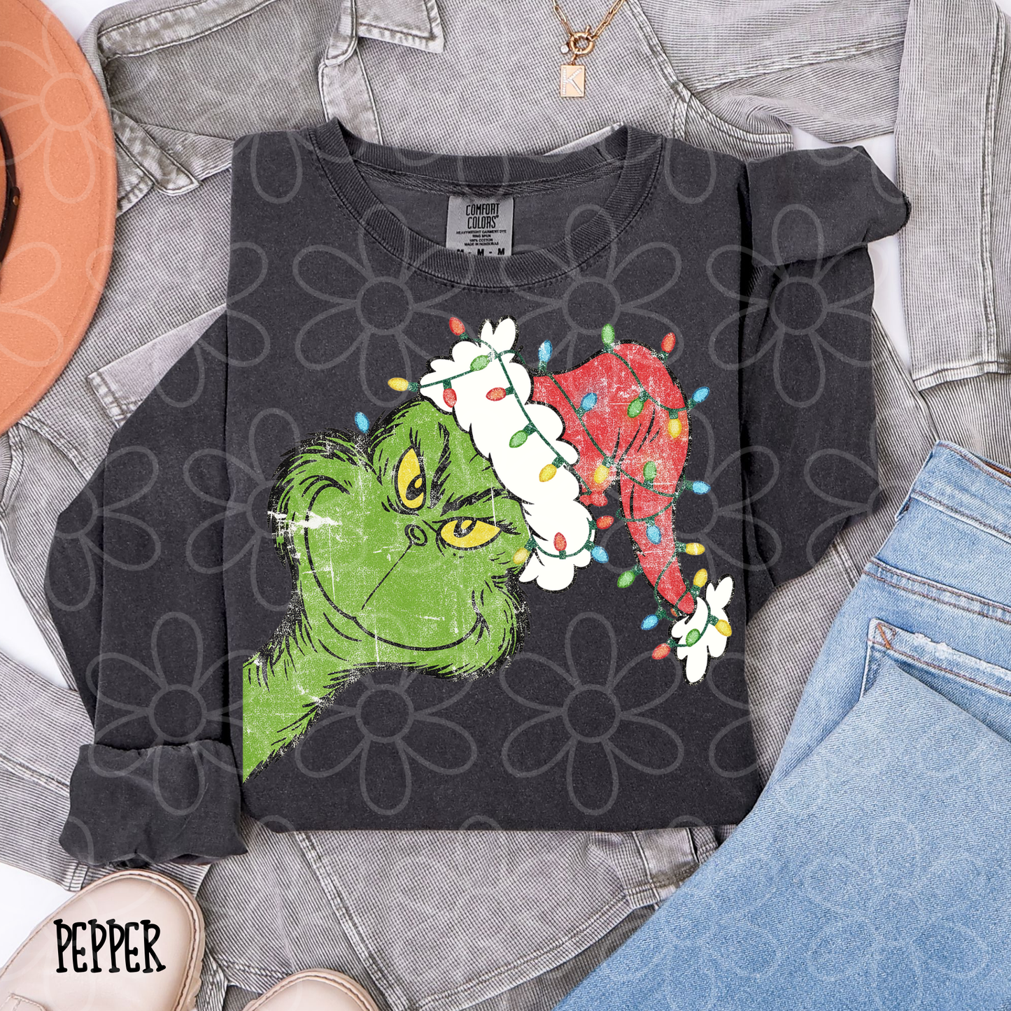 Distressed Grinch Lights Kids Completed Tee