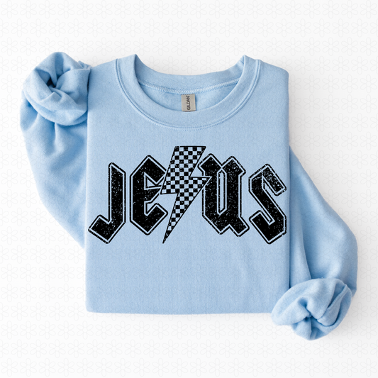 Distressed Jesus Checkered Bolt Kids Completed Tee