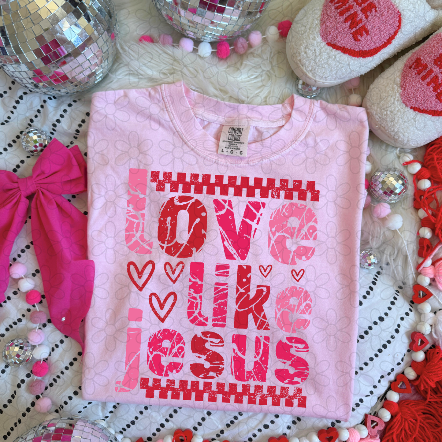 Distressed Love Like Jesus Pink Red Completed Tee