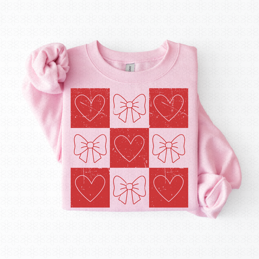Distressed Red Checkered Hearts Bows Completed Tee