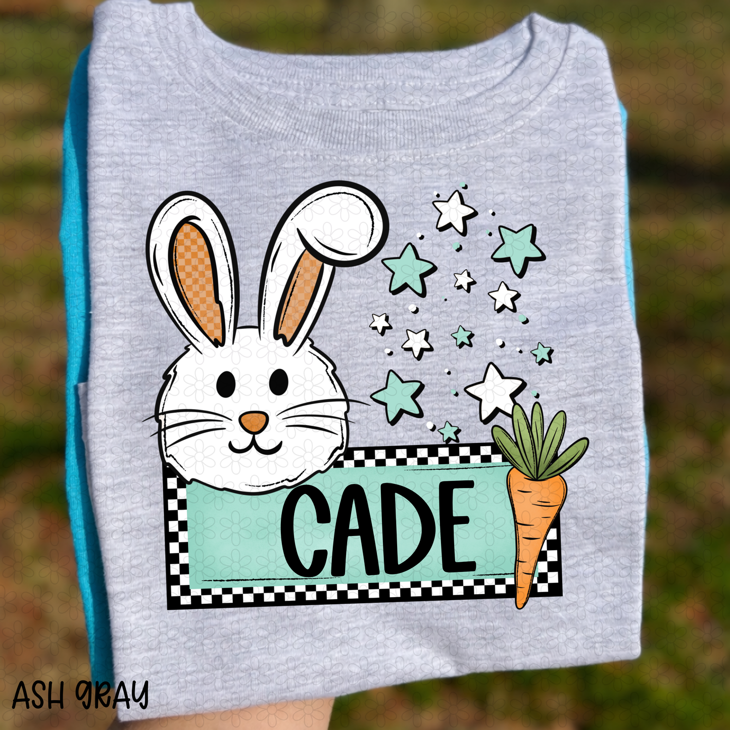Easter Bunny Custom Name Plate Green Completed Tee