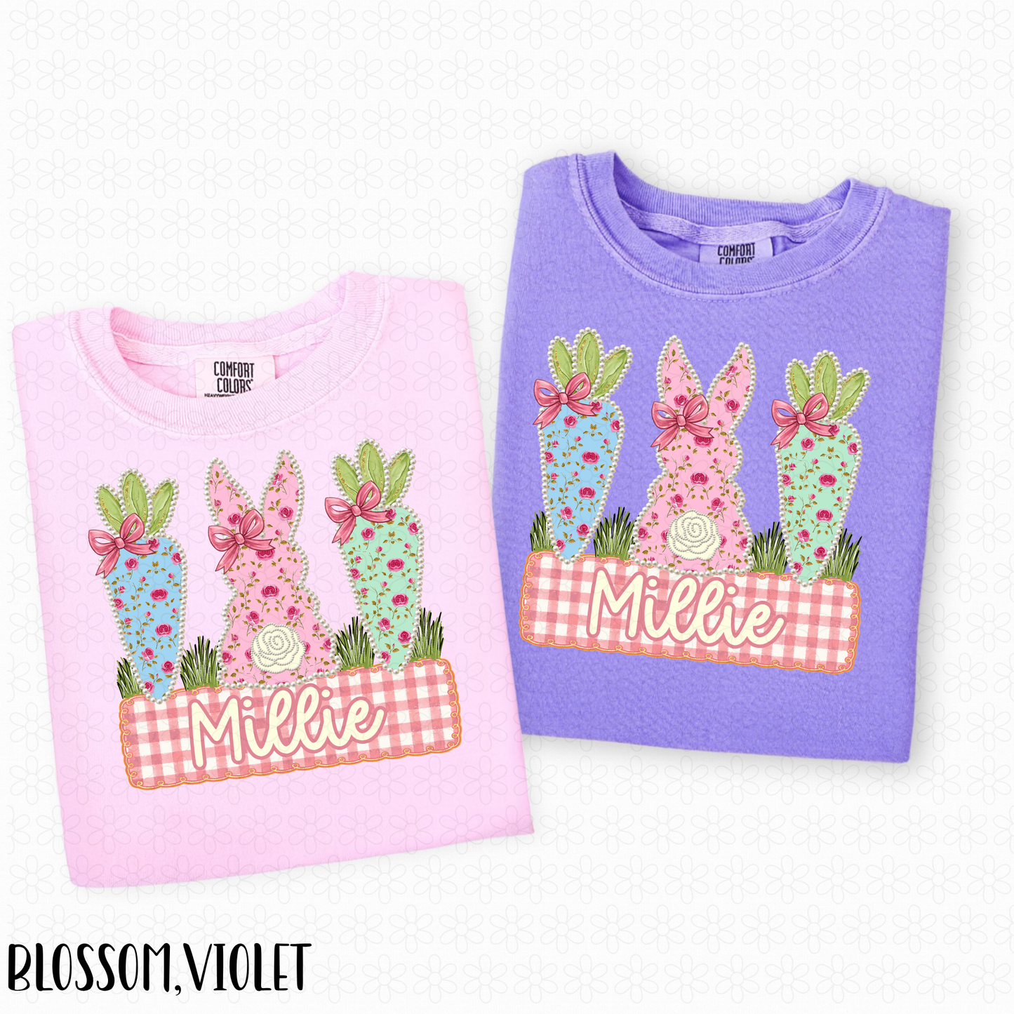 Easter Floral Carrots Custom Name Plate Completed Tee