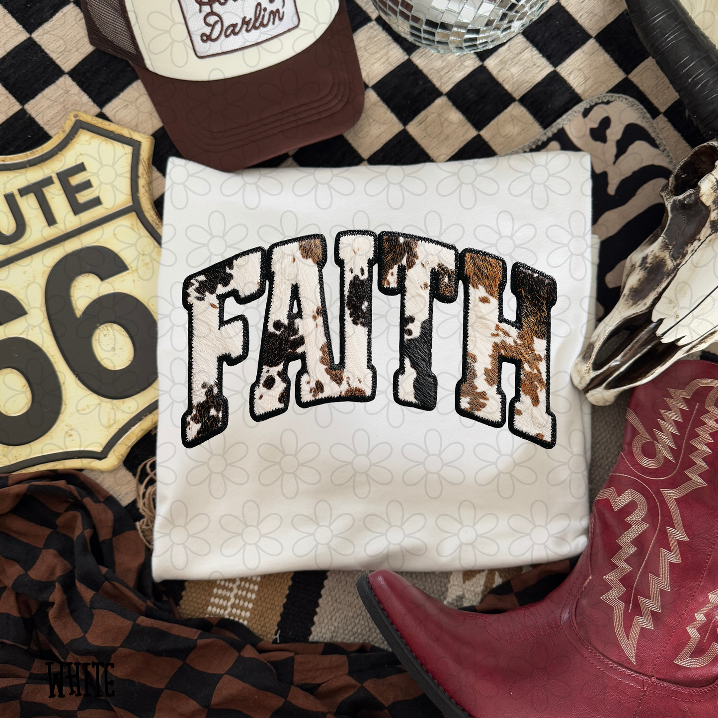 Faith Black Brown Cow Print Completed Tee