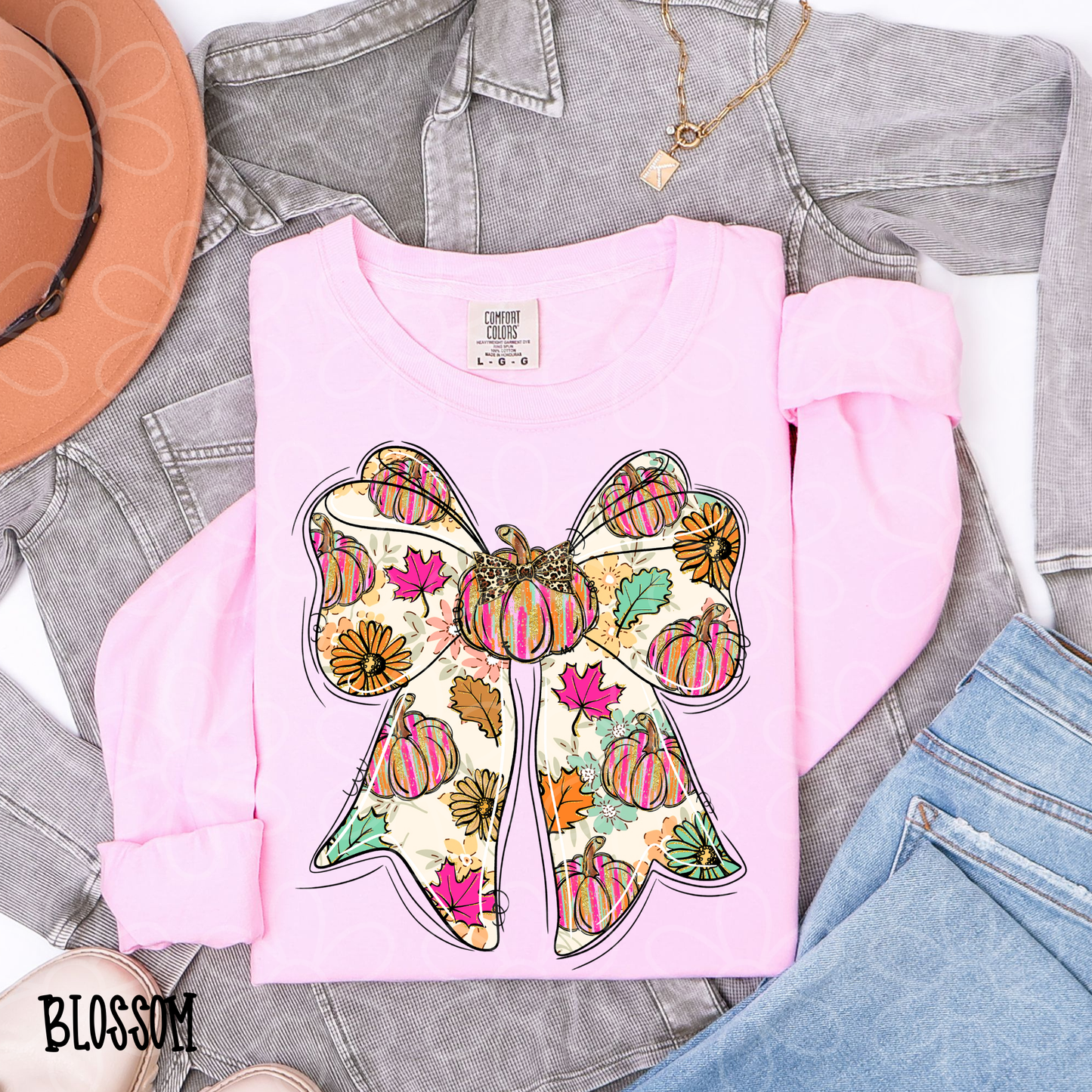 Fall Bow Pumpkins Flowers Kids Completed Tee