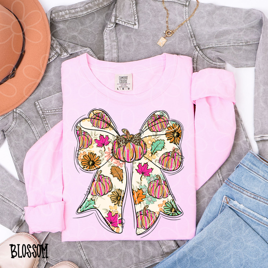 Fall Bow Pumpkins Flowers Kids Completed Tee