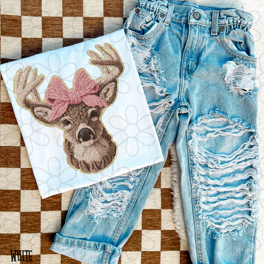 Faux Deer Gold Pink Bow Kids Completed Tee