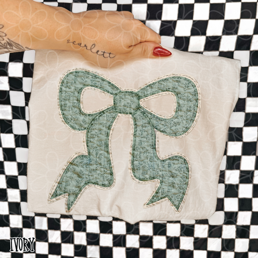 Faux Quilt Green Bow Kids Completed Tee