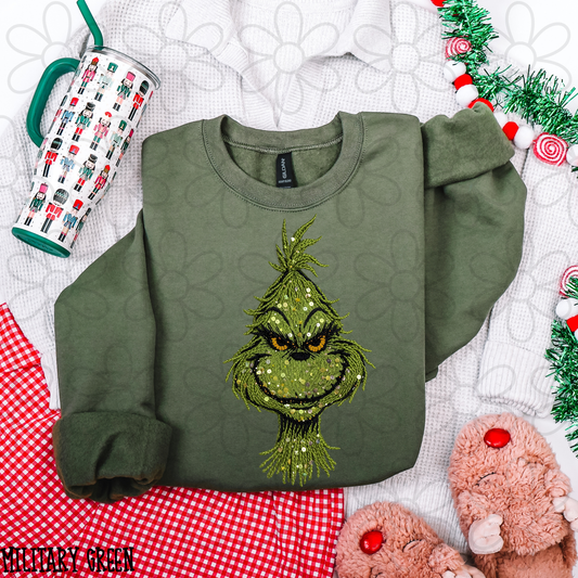 Faux Sequin Stitched Grinch Kids Completed Tee