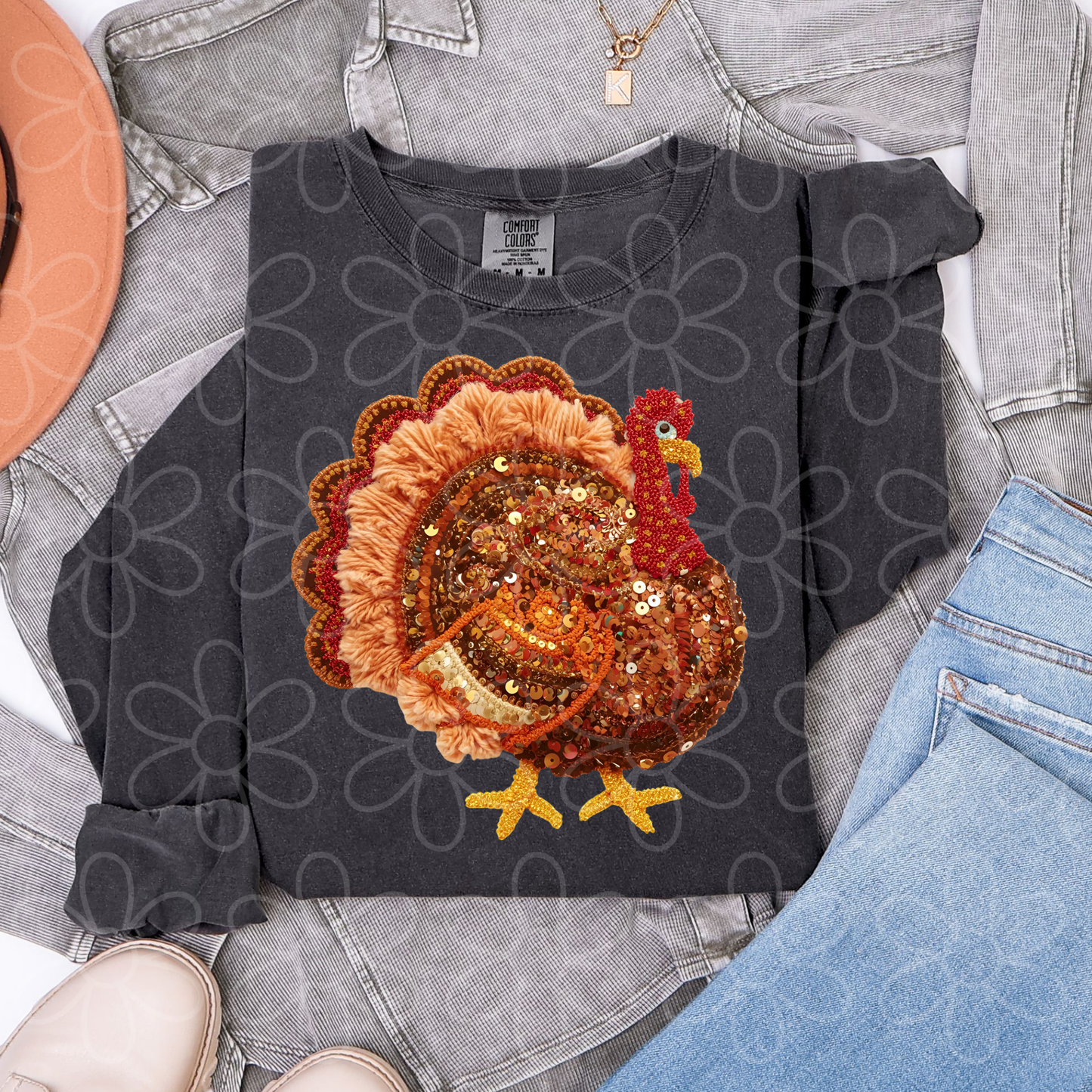 Faux Sequin Turkey Completed Tee