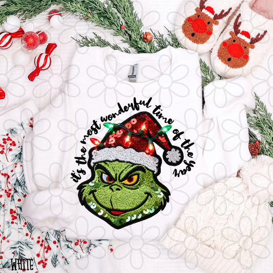 Faux Sequins Grinch It's The Most Wonderful Time Of The Year Completed Tee