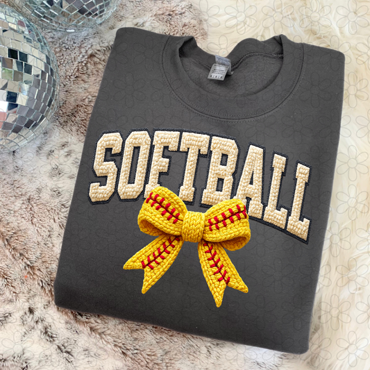 Faux Softball Bow Kids Completed Tee