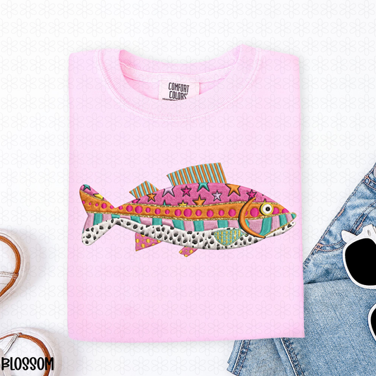 Faux Embroidered Colorful Fish Completed Tee