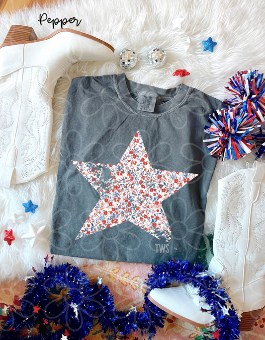 Floral Patriotic Star Kids Completed Tee