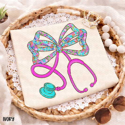 Floral Bow Stethoscope Completed Tee