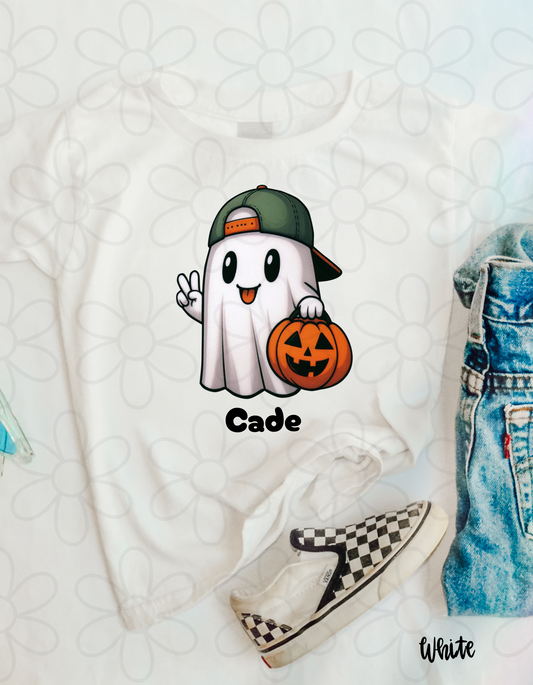 Ghost Hat Peace Sign Custom Name Kids Completed Tee