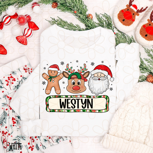Gingerbread Reindeer Santa Boys Custom Name DTF Transfer