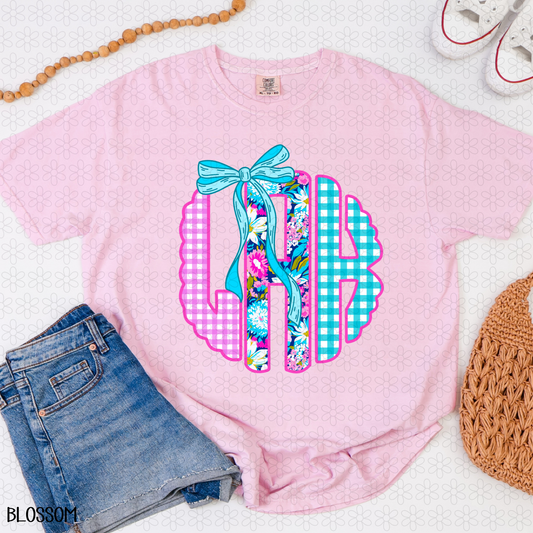 Gingham Floral Bow Custom Monogram Completed Tee
