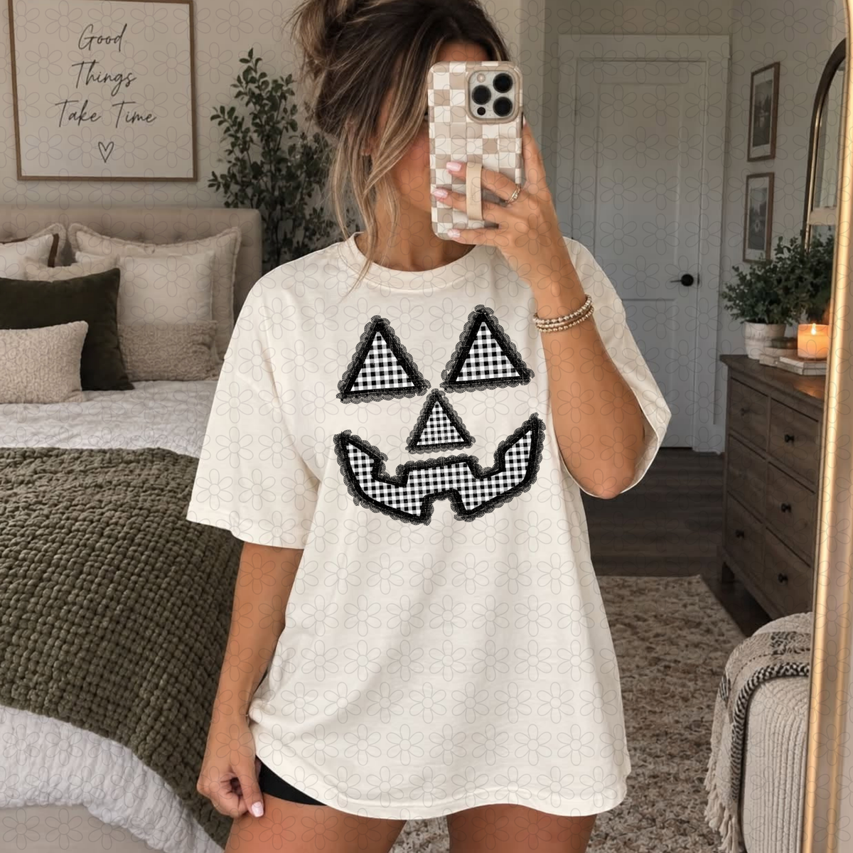 Gingham Jack O Completed Tee