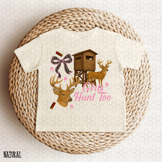 Girls Hunt Too Camo Bow Kids Completed Tee