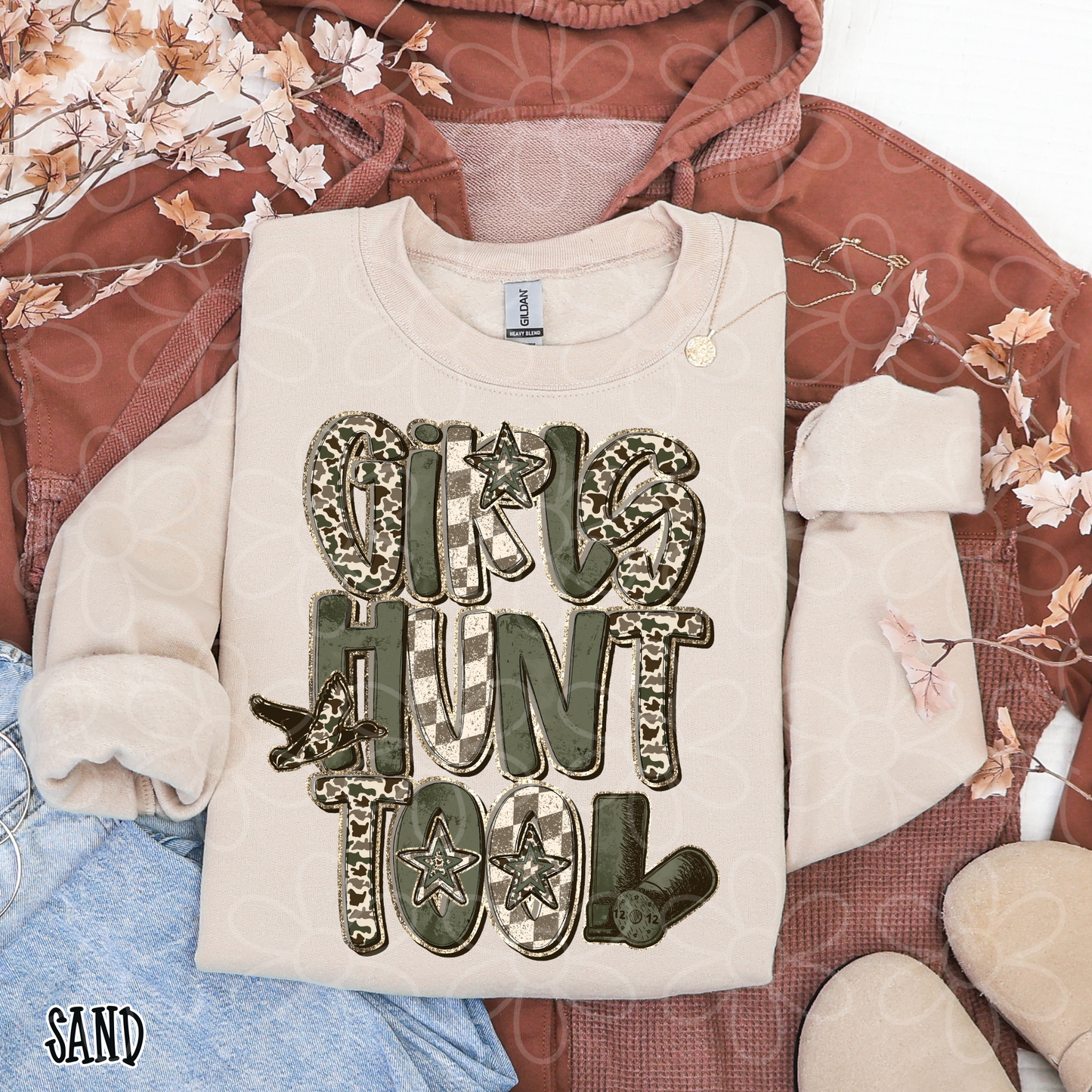 Girls Hunt Too Camo Checkered Kids Completed Tee