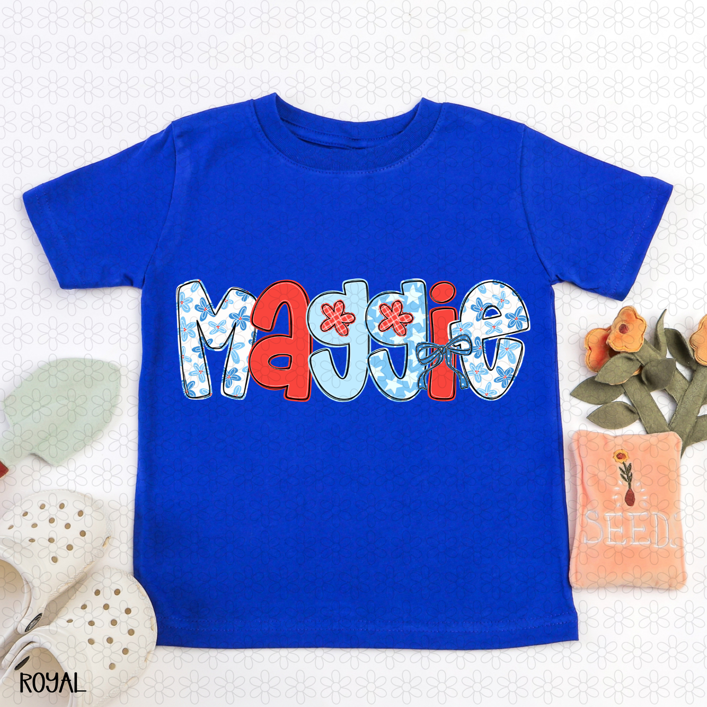 Girls Red White and Blue Custom Name Completed Tee