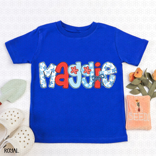 Girls Red White and Blue Custom Name Completed Tee