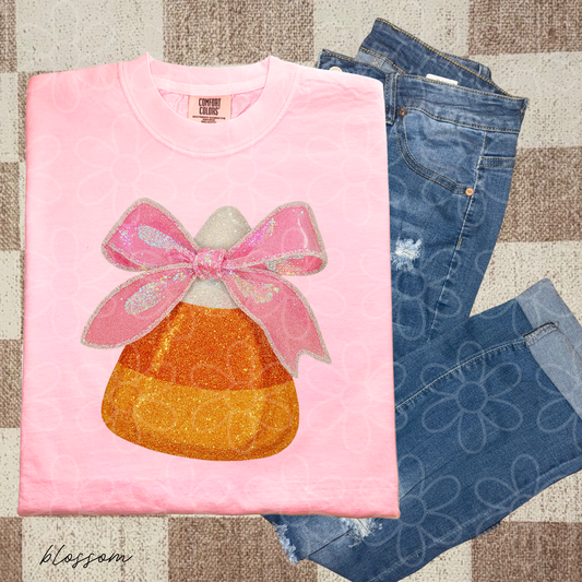 Glitter Candy Corn Pink Bow Completed Tee