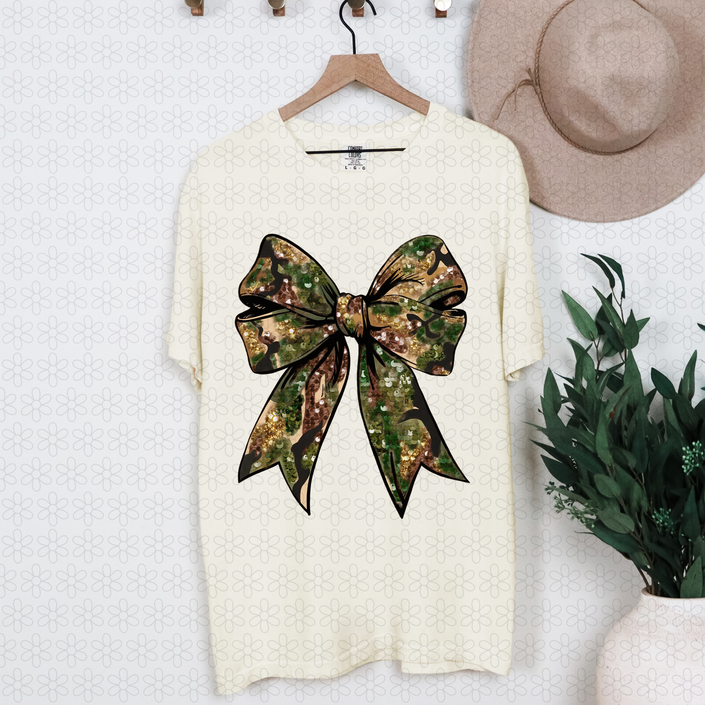 Glitter Camo Bow Completed Tee