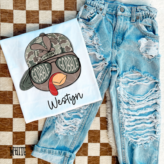 Gobble Gobble Camo Hat Custom Name Kids Completed Tee