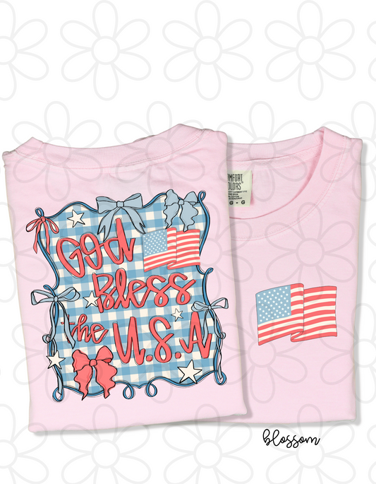 God Bless the USA Plaid Bows Completed Tee