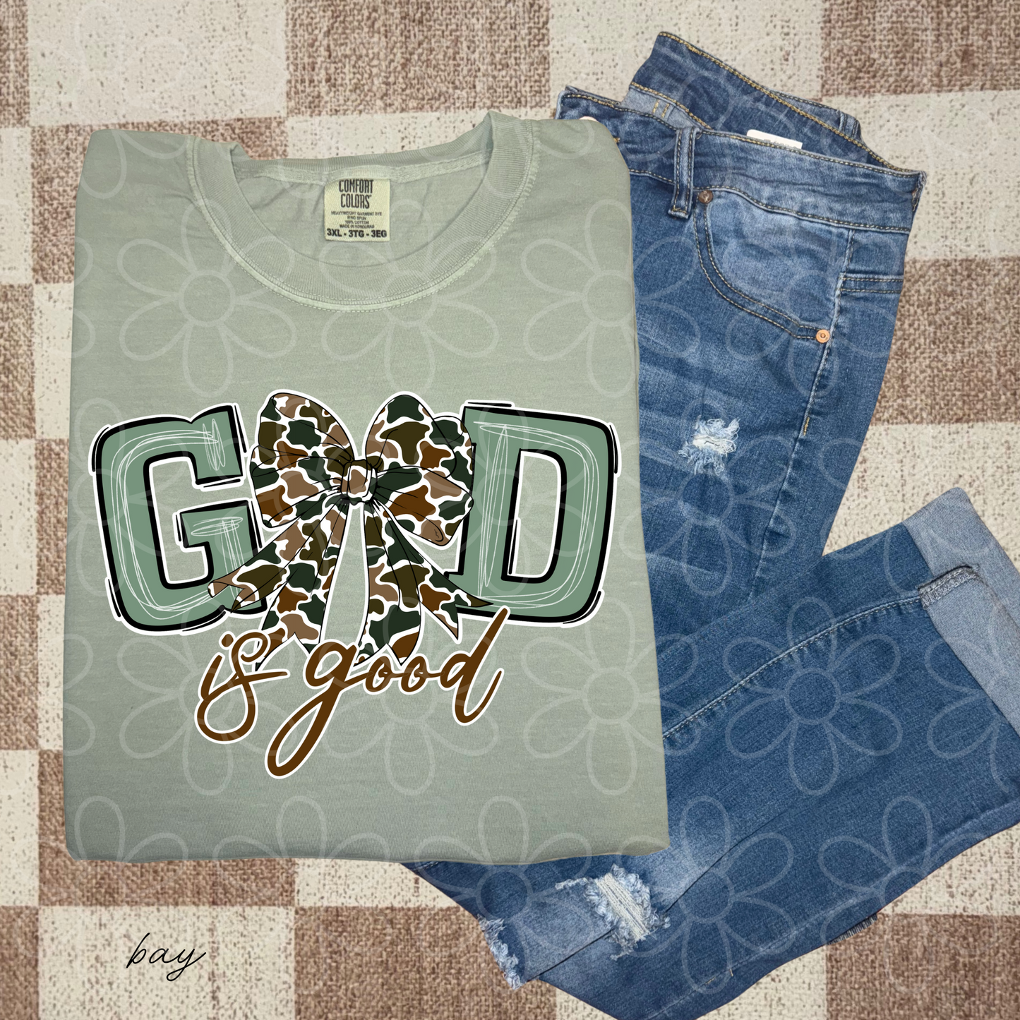 God Is Good Camo Bow Kids Completed Tee