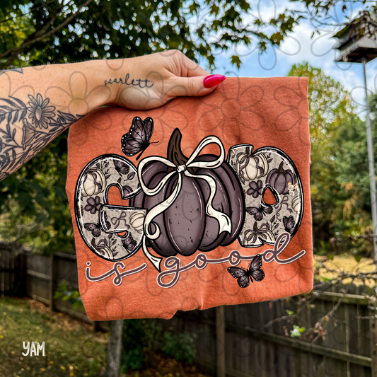 God Is Good Pumpkin Butterflies Completed Tee