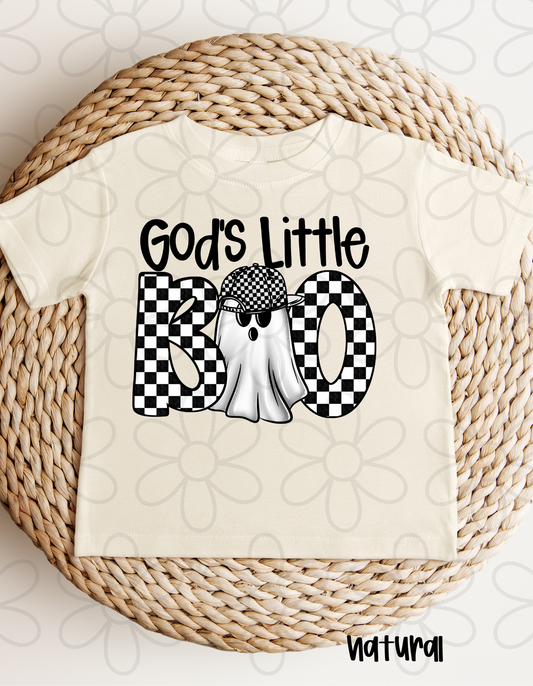 God's Little Boo Checkered Hat Kids Completed Tee