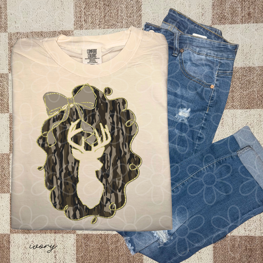Gold Camo Deer Bow Kids Completed Tee
