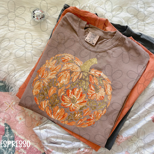 Gold Glitter Floral Pumpkin DTF Transfer