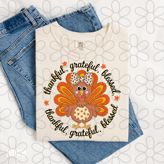 Gold Thankful, Grateful, Blessed Turkey DTF Transfer