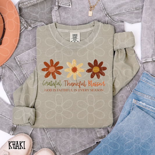 Grateful Thankful Blessed Flowers Kids Completed Tee
